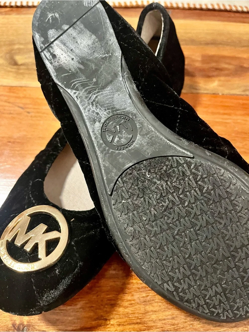 Michael Kors Black Velvet Ballet Flats with Gold MK Emblems Sz 7M